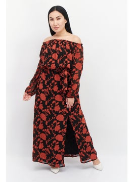INC Women Floral Pattern Belted Maxi Dress, Red  - Image 1