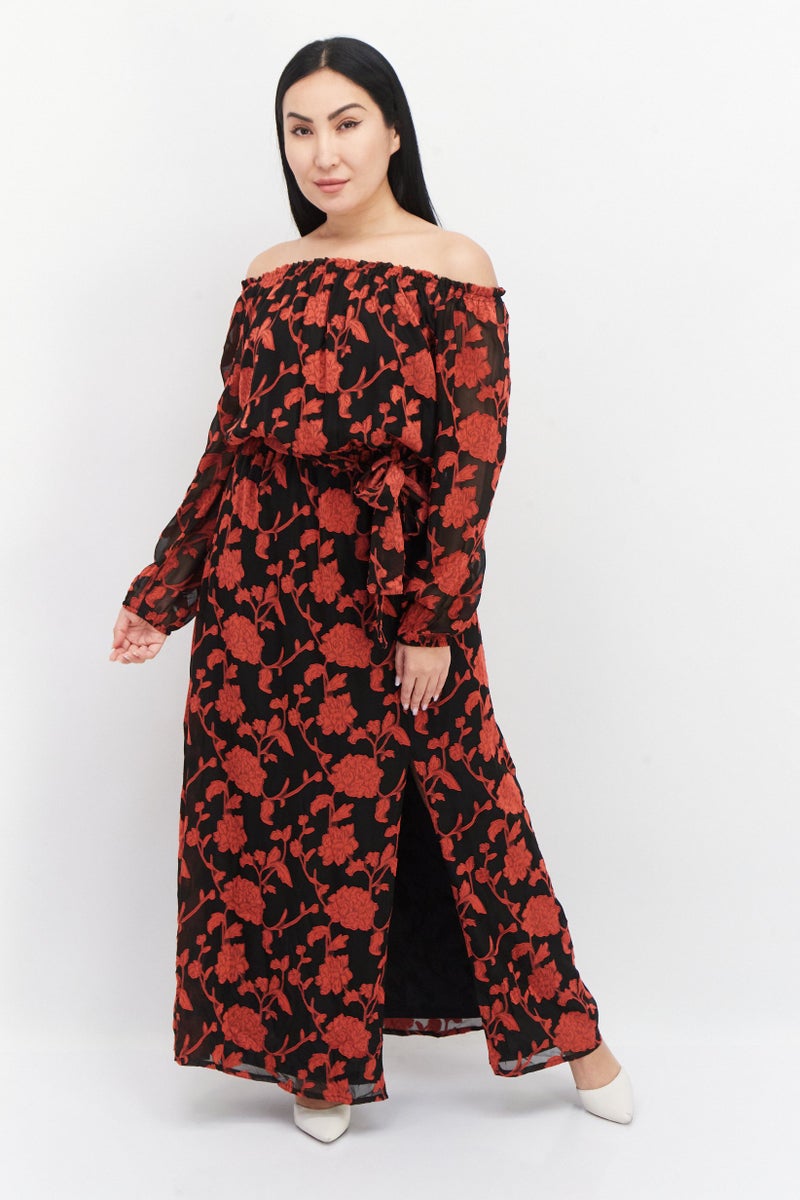 INC Women Floral Pattern Belted Maxi Dress, Red - Image 1