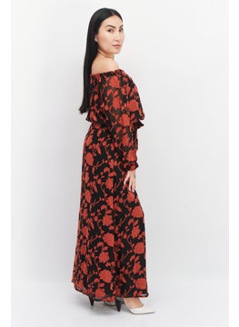 INC Women Floral Pattern Belted Maxi Dress, Red  - Image 3