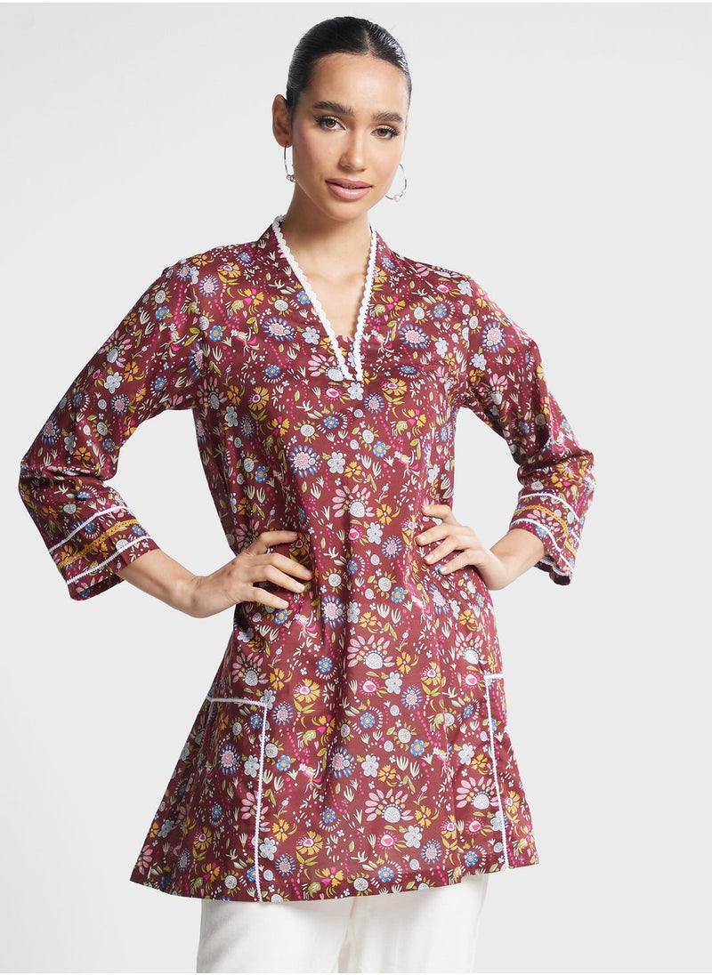 Nishat Linen - V-Neck Floral Lace Detail Kurti - Image 1