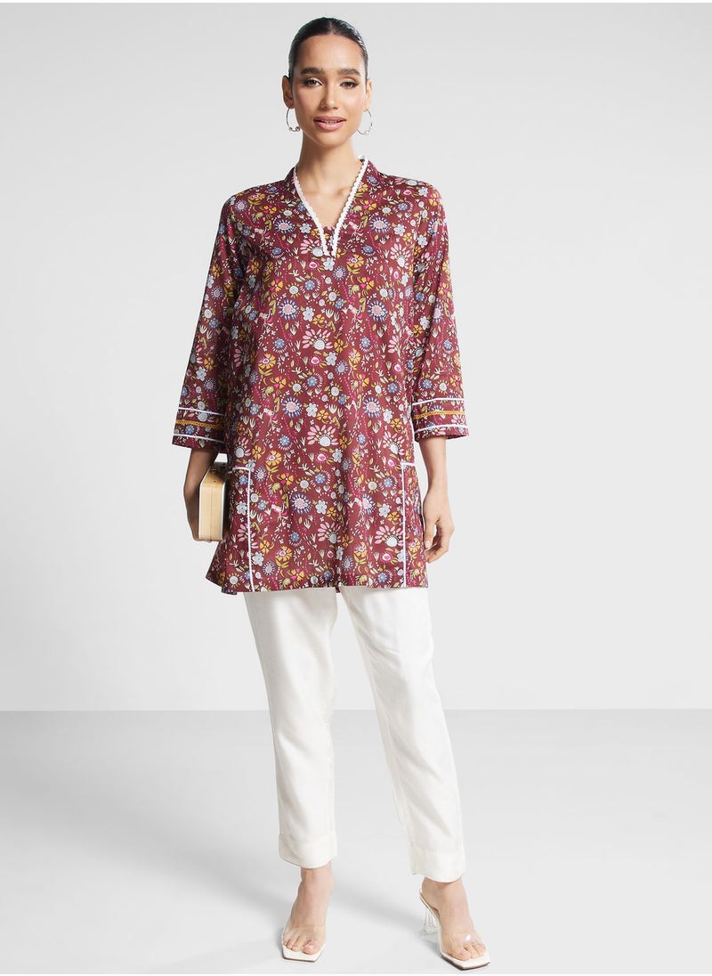 Nishat Linen - V-Neck Floral Lace Detail Kurti - Image 1