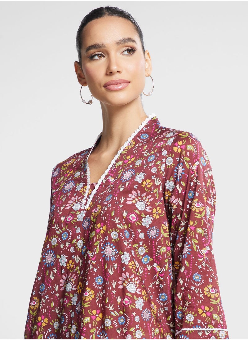 Nishat Linen - V-Neck Floral Lace Detail Kurti - Image 1