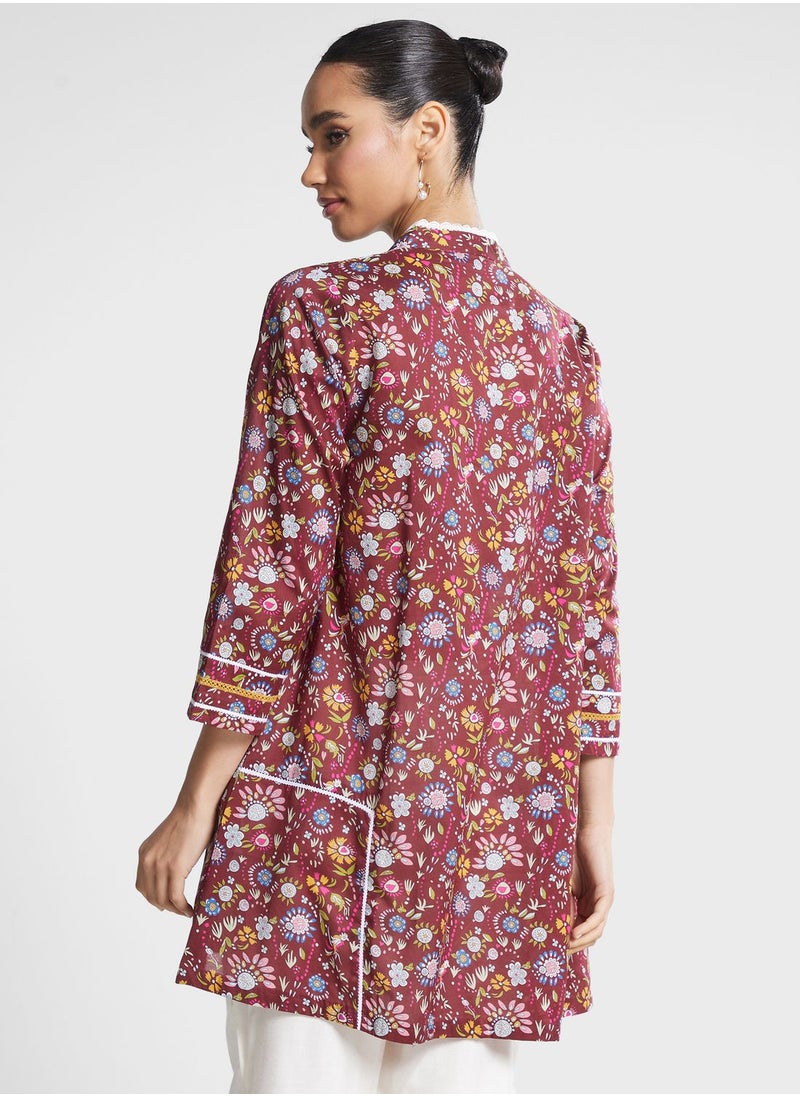 Nishat Linen - V-Neck Floral Lace Detail Kurti - Image 1