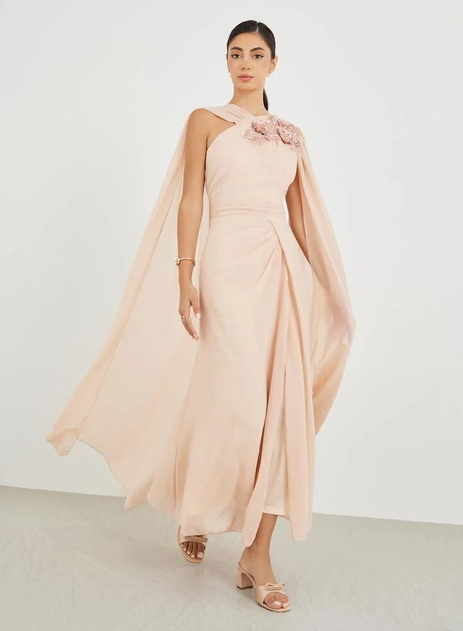 Styli Embellished Halter Neck A-Line Maxi Dress with Cape Overlay