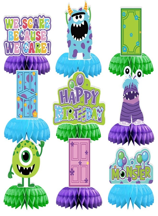 Greencian 9Pcs Monster Birthday Party Decorations Blue Green Purple Honeycomb Centerpieces Cartoon Monsters Themed Table Toppers for Kids Birthday Baby Shower Party Supplies Table Decoration - Image 1