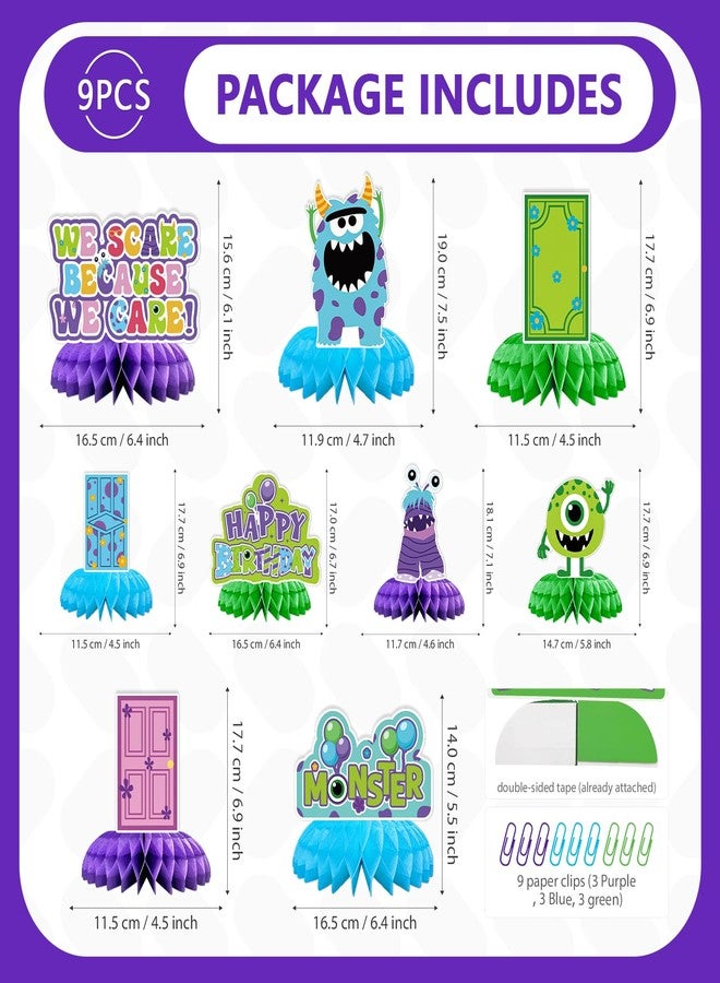 Greencian 9Pcs Monster Birthday Party Decorations Blue Green Purple Honeycomb Centerpieces Cartoon Monsters Themed Table Toppers for Kids Birthday Baby Shower Party Supplies Table Decoration - Image 2