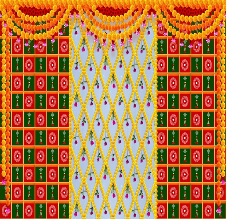 Dhara Creation Decorative Flowers Backdrop Cloth for Pooja Decoration 10FT10FT Traditional Background Curtain Cloth for Festival Pooja 10 Feet Height and 10 Feet WidthCloth Stitched from Between - Image 1