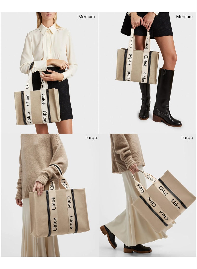 Chloe Chloe Woody Medium Women Tote Bag in Linen, Women Shoulder Bag, Women Hand Bag, Women's Travel Bag, Women's Shopping Bag, White-Brown  - Image 4