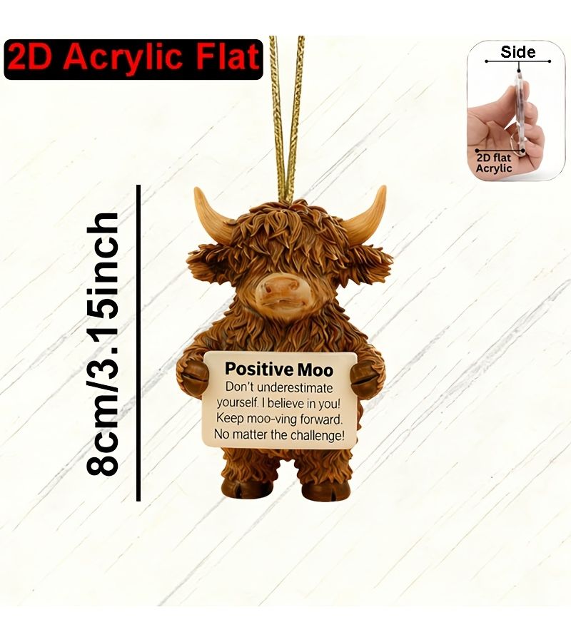 Acrylic Scottish Highland Cow Pendant As Shown Car Mirror Hanging Ornament 2D Funny Farm Animal Gift - Image 2