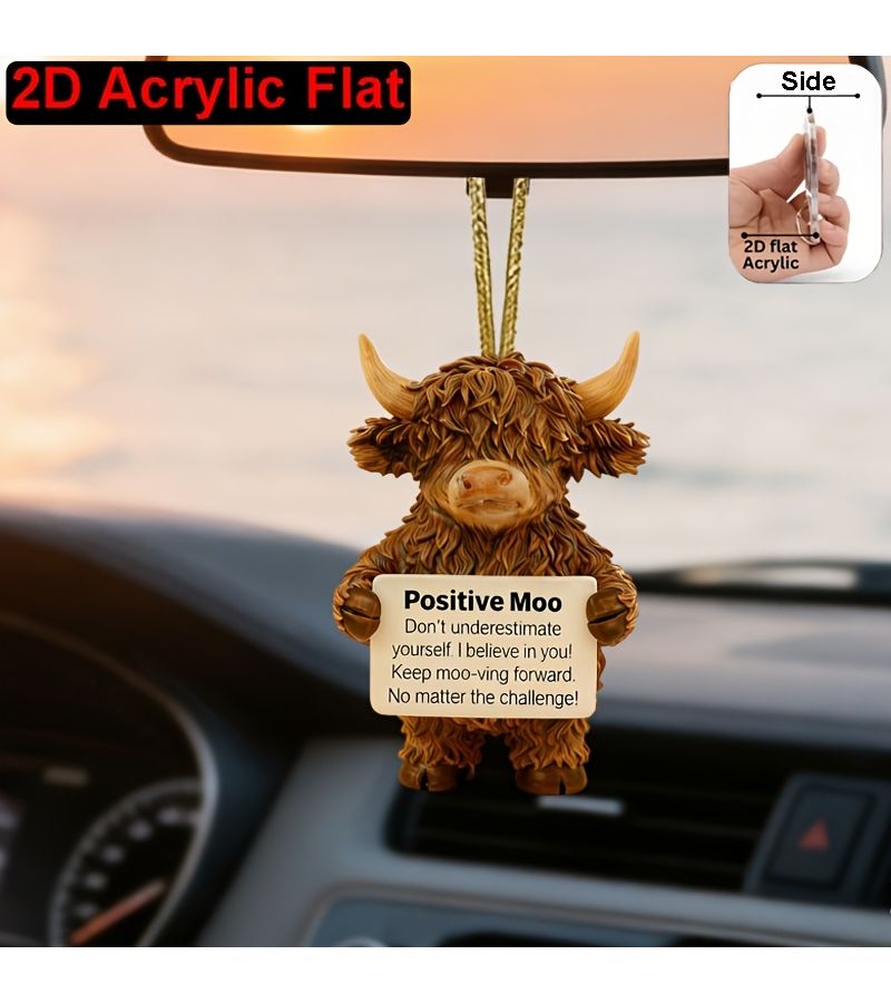 Acrylic Scottish Highland Cow Pendant As Shown Car Mirror Hanging Ornament 2D Funny Farm Animal Gift - Image 1