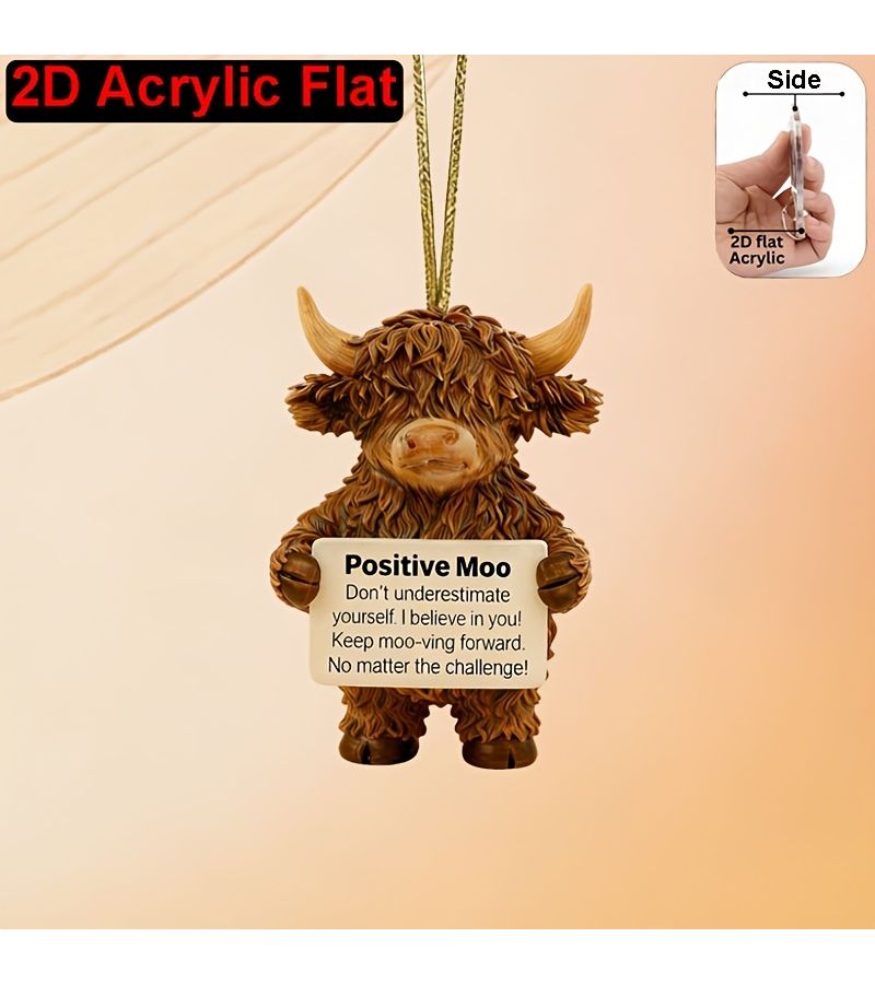 Acrylic Scottish Highland Cow Pendant As Shown Car Mirror Hanging Ornament 2D Funny Farm Animal Gift - Image 4