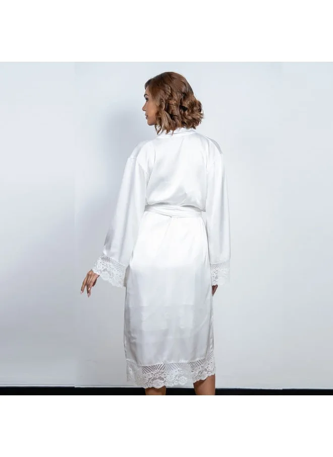 Aadaraya Aadaraya Lace Detail Robe with Tie-Up Belt and Long Sleeves