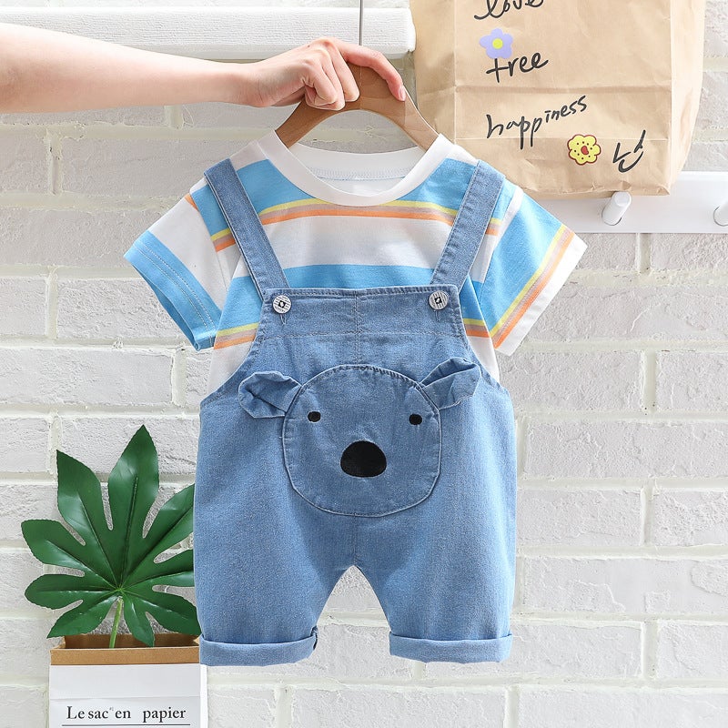 Suspender pants childrens clothing 2024 Summer boys and girls rainbow striped breathable T-shirt Denim suspender pants Light blue 
