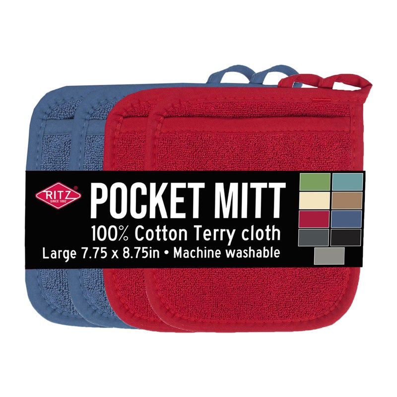 Ritz Terry Pocket Mitt & Hot Pad: Unparalleled Heat Resistant  Durable 100% Cotton - Ergonomically Designed for Optimal Grip - Machine Washable  Perfect for Your Kitchen - Federal Blue/Paprika  4-Pk - Image 1