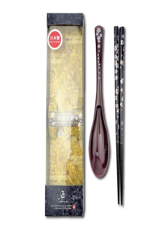 Terra Distribution Premium Japanese Chopsticks with Spoon Reusable [ Made in Japan ] Traditional Lacquer Art Wooden Chopsticks (Flower PU(MK003)) - Image 1