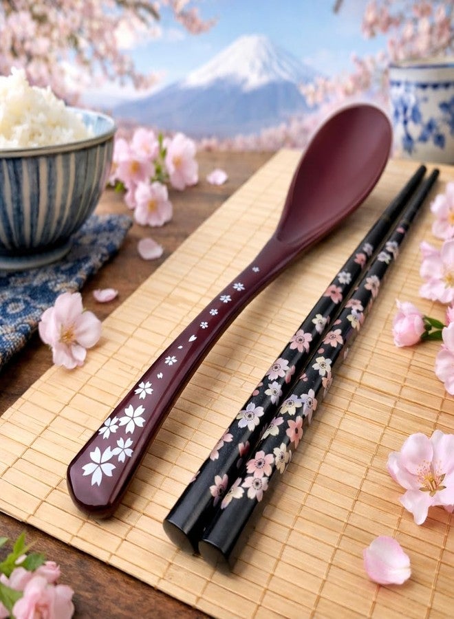 Terra Distribution Premium Japanese Chopsticks with Spoon Reusable [ Made in Japan ] Traditional Lacquer Art Wooden Chopsticks (Flower PU(MK003)) - Image 3