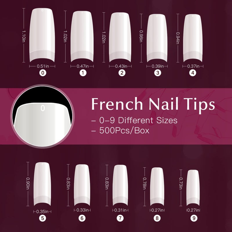 krofaue 500PCS Half Cover False Nails Tips - Acrylic Nail Tips 10 Sizes Lady French Style Acrylic Artificial Tip Manicure with Box for Nail Tips Art Salons and Home DIY - Image 2