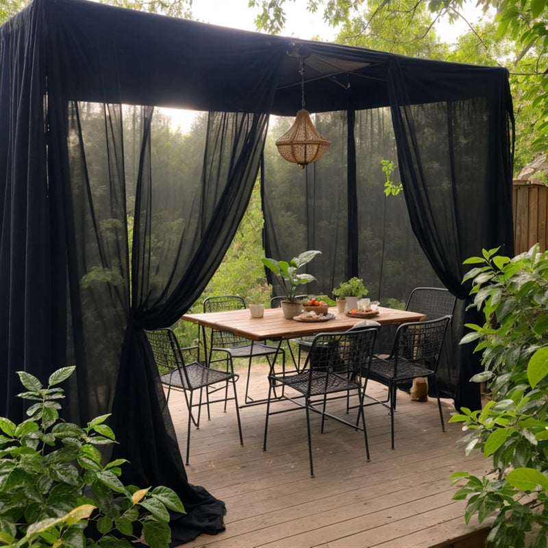 SK Studio Black Outdoor Sheer Curtains for Patio Waterproof 2 Panels Sheer Curtains Privacy Mesh Net Outside Curtains Rod Pocket for Gazebo, Porch, Pergola, 63W x 84L - Image 1