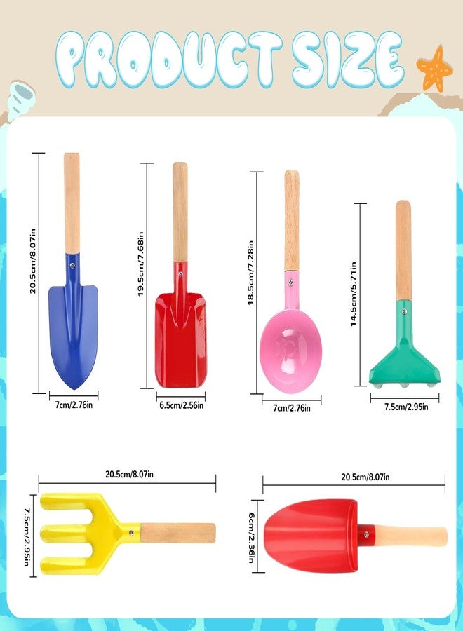 MEIDAYAI Beach Toys, 6 Pcs Kids Gardening Set, 8'' Kid Metal Sand Toys Sandbox Toys with Sturdy Wooden Handle, Children Beach Sand Toys Gardening Set, Beach Shovels for Kids Ages 3-8 - Image 2