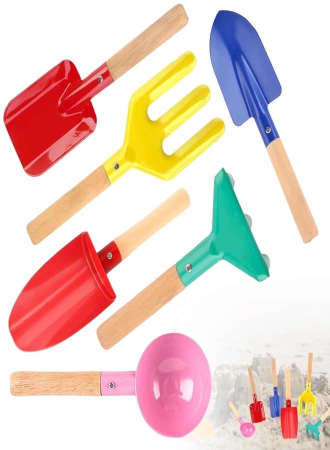 MEIDAYAI Beach Toys, 6 Pcs Kids Gardening Set, 8'' Kid Metal Sand Toys Sandbox Toys with Sturdy Wooden Handle, Children Beach Sand Toys Gardening Set, Beach Shovels for Kids Ages 3-8 - Image 1