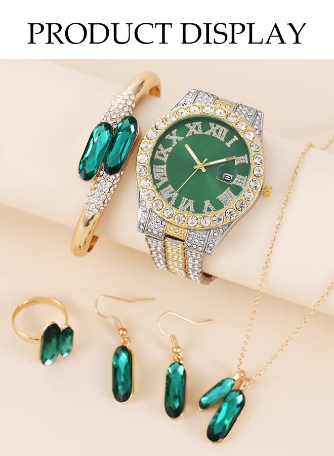 DUNISO 5 Pcs Ladies Watch Set, Ladies Steel Strap Quartz Watch, High End Ladies Watch Set,，With Rings, Watches, Necklaces, Earrings, Bracelets，Diamond Decoration,Suitable For Daily Use,Gatherings, Dates, And Events  - Image 4