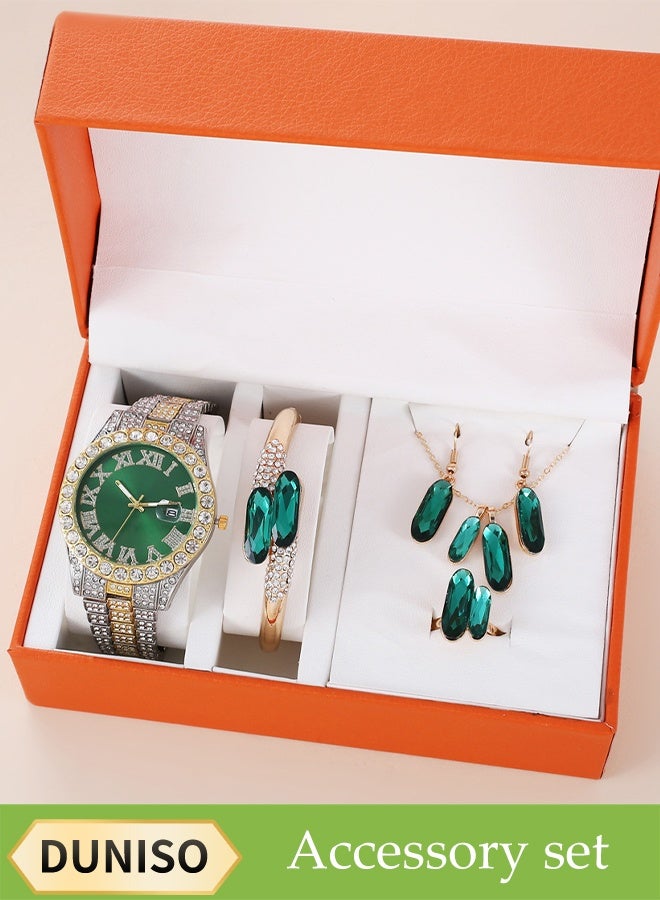 DUNISO 5 Pcs Ladies Watch Set, Ladies Steel Strap Quartz Watch, High End Ladies Watch Set,，With Rings, Watches, Necklaces, Earrings, Bracelets，Diamond Decoration,Suitable For Daily Use,Gatherings, Dates, And Events  - Image 1