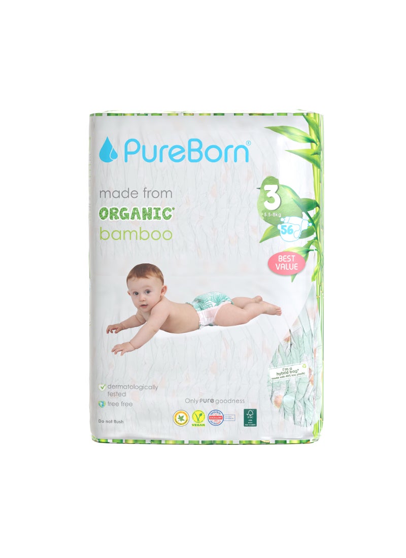 PureBorn حفاضات عضوية حجم-3 5.5-8كجم عبوة قيمة مزدوجة بطبعة زهور - Image 1