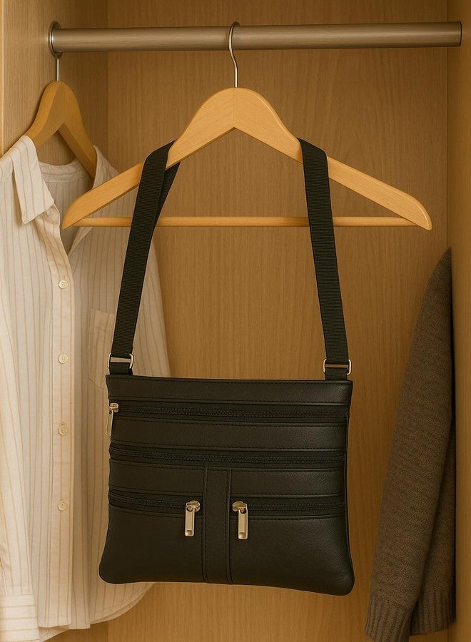 Marshal Soft Leather Cross Body Bag Purse Shoulder Bag 5 Pocket Organizer Micro Handbag Travel Wallet (Black) - Image 4