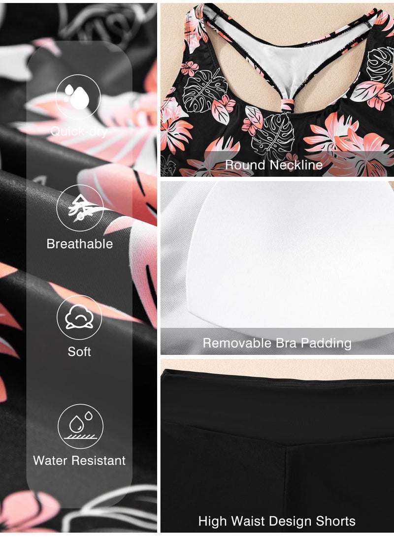 Aleumdr Womens Tankini Swimsuits Athletic 3 Piece Tummy Control Bathing Suits with Shorts Modest Tank Tops Pink Printed Medium - Image 5