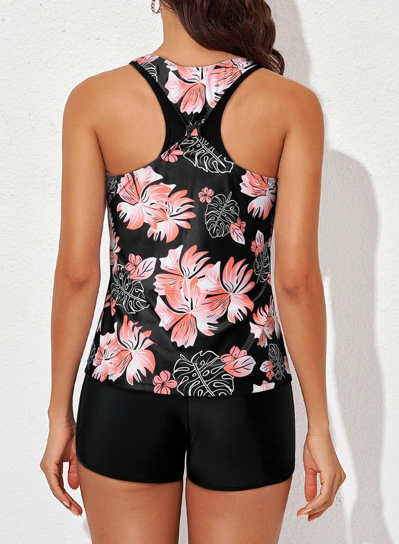 Aleumdr Womens Tankini Swimsuits Athletic 3 Piece Tummy Control Bathing Suits with Shorts Modest Tank Tops Pink Printed Medium - Image 2