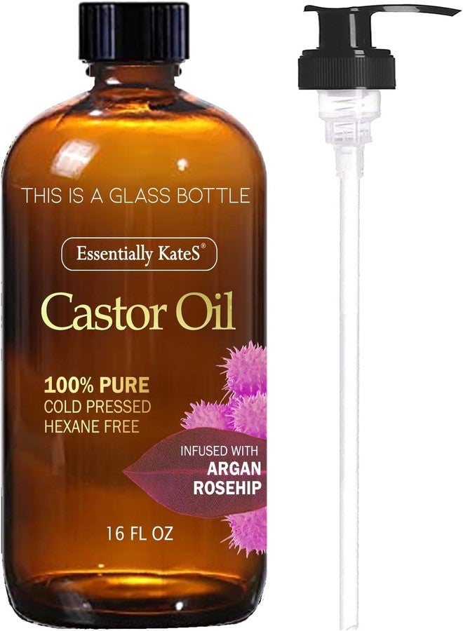 Essentially KateS Castor Oil 16 Fl Oz - Argan + Rosehip - Glass Bottle with Pump - 100% Pure, Natural, Cold Pressed, Hexane-Free - Hair & Body Oil - Image 1
