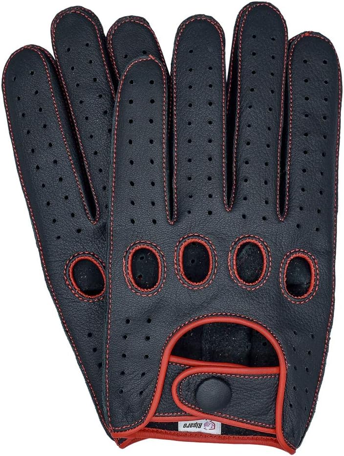 Riparo Men's Genuine Leather Reverse Stitched Full-Finger Driving Gloves - Black/Red - Image 2