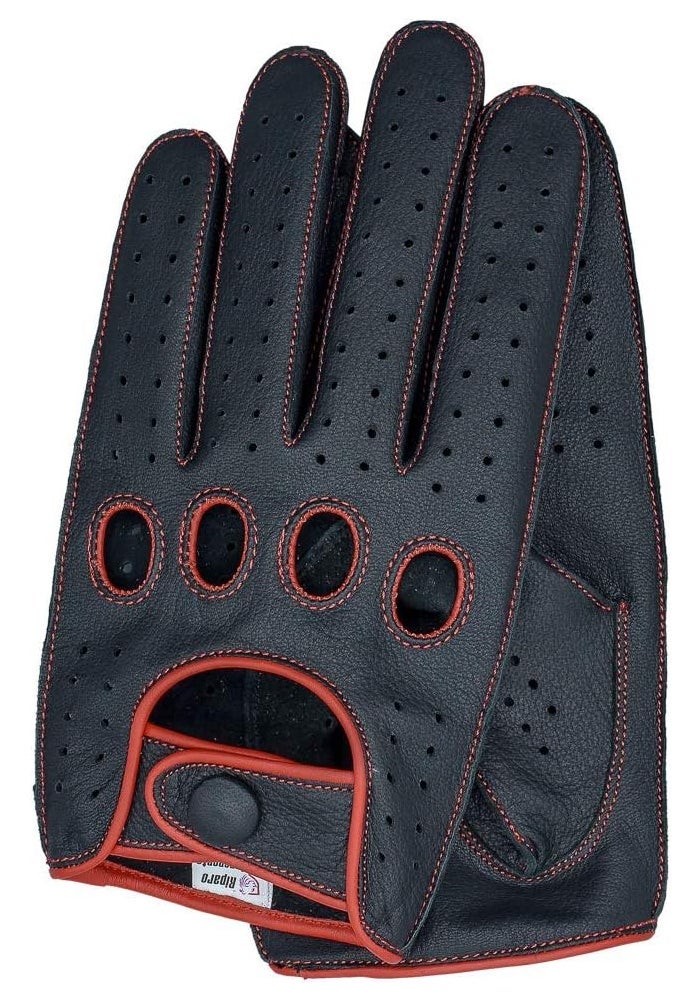Riparo Men's Genuine Leather Reverse Stitched Full-Finger Driving Gloves - Black/Red - Image 1