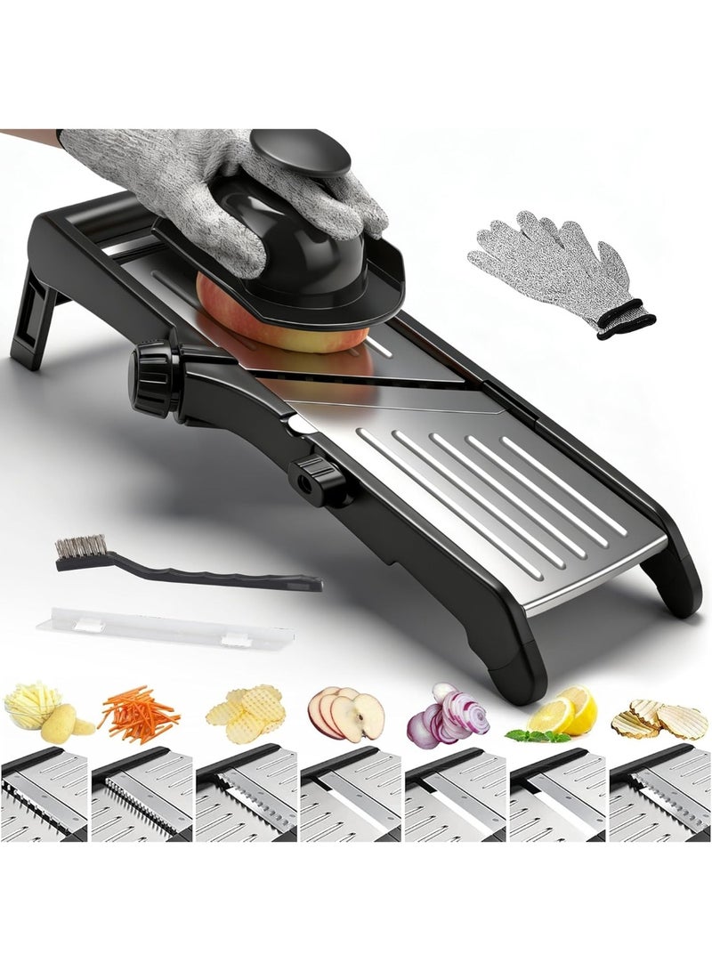 Walpck Adjustable Mandoline Slicer for Kitchen, Potato Cutter, Vegetable Chopper, Mandolin, Cucumber Slicer- INCLUDING one Pair Cut-Resistant Gloves and Brush - Image 1
