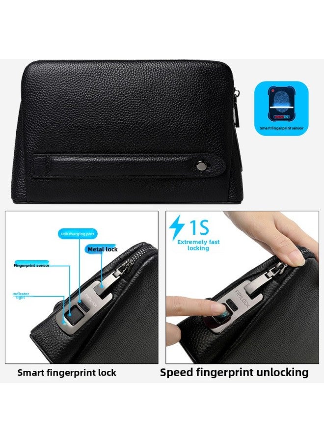 DUSALA Smart Men's Handbag Leather Briefcase With Intelligent Fingerprint Lock Waterproof Anti-Theft Wear-Resistant Urban Style Handheld Bag-Color:Black-Gun Color Fingerprint Lock-Dimensions:245*60*145mm  - Image 1