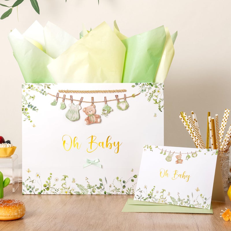 Crisky 13" Large Green Baby Gift Bag for Neutral Baby Shower with Tissue Paper, Gift Card and Bow for Kid's Birthday Parties (Eucalyptus and Tiny Cute Clothes) - Image 3