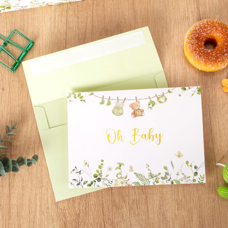 Crisky 13" Large Green Baby Gift Bag for Neutral Baby Shower with Tissue Paper, Gift Card and Bow for Kid's Birthday Parties (Eucalyptus and Tiny Cute Clothes) - Image 5