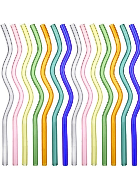 14 PCS Colored Wavy Glass Straw, 8 x 200 mm High Borosilicate Reusable Glass Straws Shatter, Perfect for Beverages, Coffee, Milk, and Tea