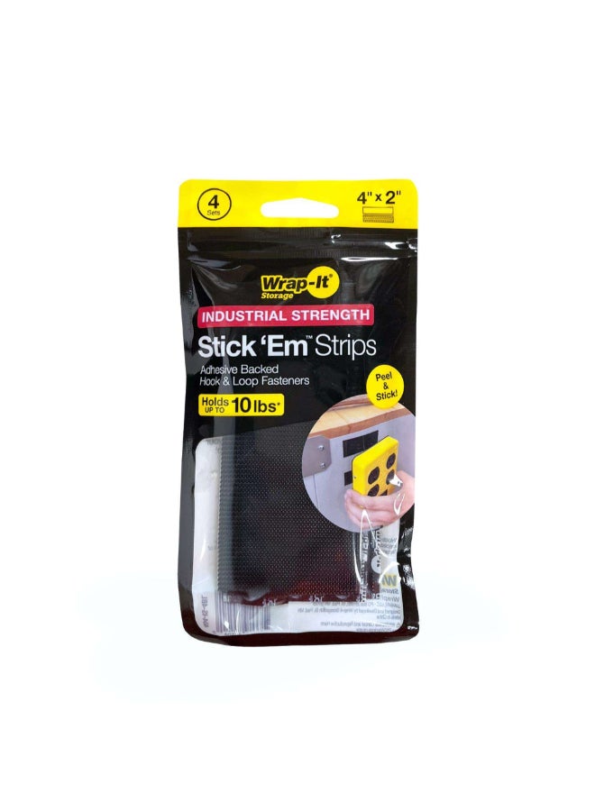 Wrap-It Storage Stick 'Em Adhesive Backed Hook and Loop Fastener Velcro Strips Black 4 x 2 Inch 404-IS-4BL - Image 1