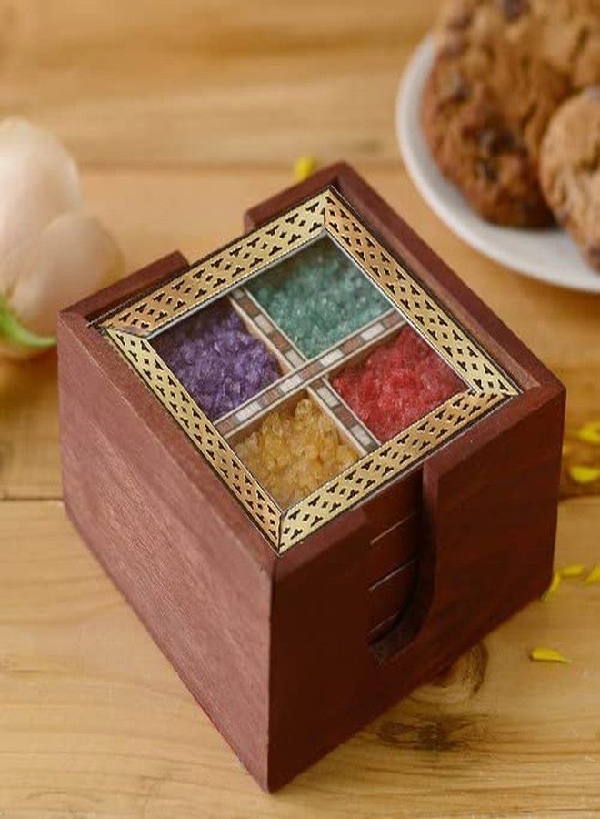 CRAFTAM Gems Stone and Wooden Brass Patti Tea Coasters for hot pots Home Kitchen Dining Table, Office (4 Tea Coasters, 1 Holder Set) - Image 1