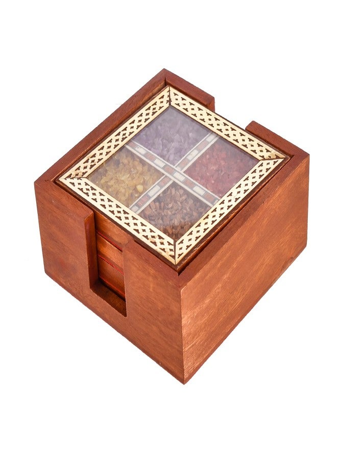 CRAFTAM Gems Stone and Wooden Brass Patti Tea Coasters for hot pots Home Kitchen Dining Table, Office (4 Tea Coasters, 1 Holder Set) - Image 3