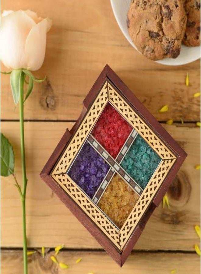 CRAFTAM Gems Stone and Wooden Brass Patti Tea Coasters for hot pots Home Kitchen Dining Table, Office (4 Tea Coasters, 1 Holder Set) - Image 2