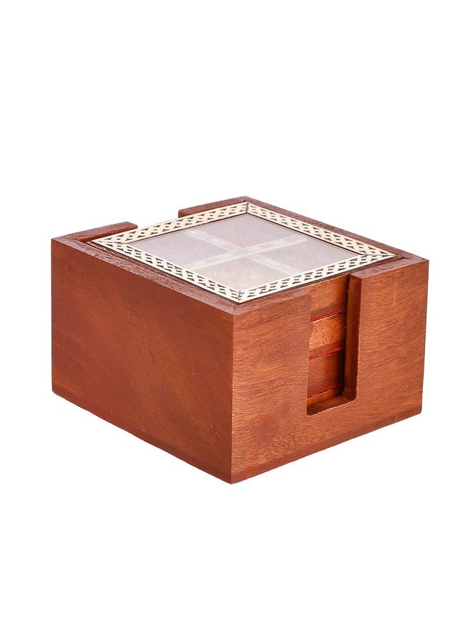 CRAFTAM Gems Stone and Wooden Brass Patti Tea Coasters for hot pots Home Kitchen Dining Table, Office (4 Tea Coasters, 1 Holder Set) - Image 4