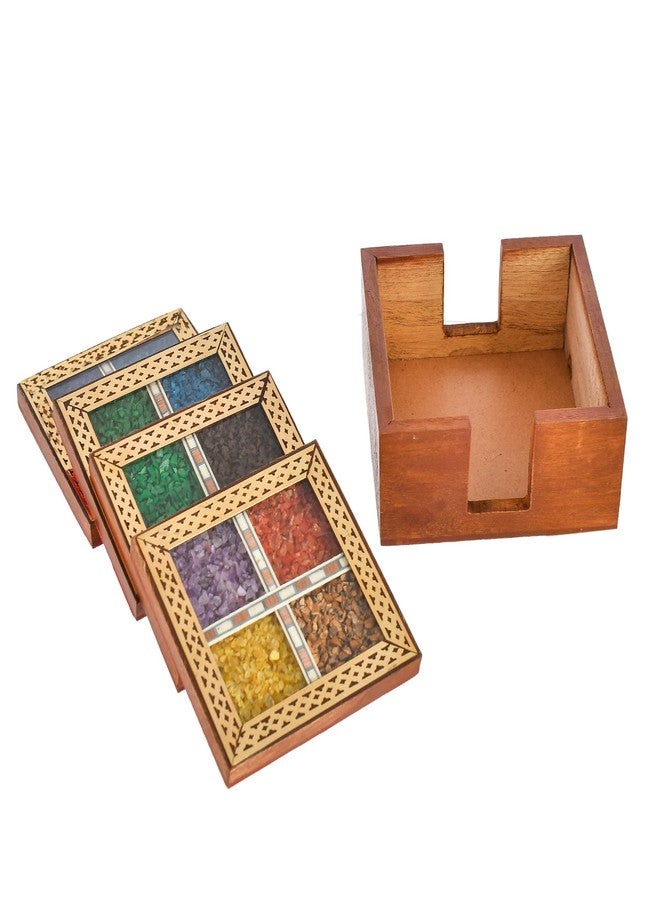 CRAFTAM Gems Stone and Wooden Brass Patti Tea Coasters for hot pots Home Kitchen Dining Table, Office (4 Tea Coasters, 1 Holder Set) - Image 5