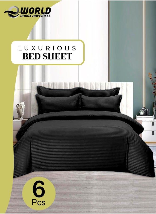 Eworld 6-Piece Premium King Size Bedding Set, Black Striped Design and High Quality Cotton Hotel Luxury Bedsheet Soft Quilt Cover and Pillowcases  - Image 1