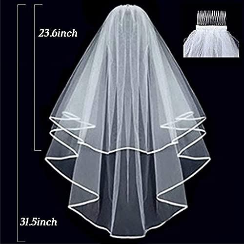 umbresen Bridal Veil Wedding Veils Women's Off White Tulle Short Veils Ribbon Edge With Comb for Brides Bachelorette Hen Party Costume (Off White) - Image 2