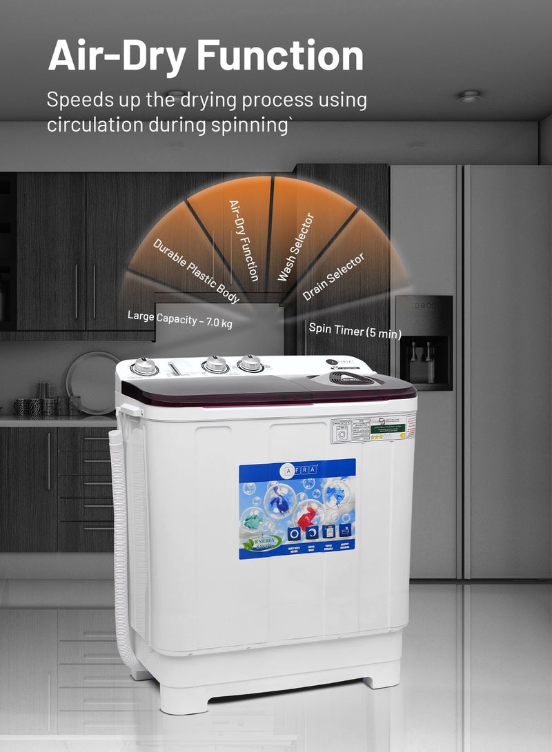 AFRA Twin Tub Washing Machine, AF-0702TTWR, 7kg Capacity, Air Dry Function, Pulsator, Collars and Cuff Washboard, White and Red, 1 Year Warranty 7 L 220 W AF-0702TTWR white - Image 4