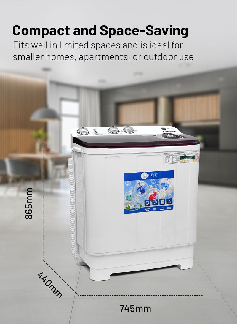 AFRA Twin Tub Washing Machine, AF-0702TTWR, 7kg Capacity, Air Dry Function, Pulsator, Collars and Cuff Washboard, White and Red, 1 Year Warranty 7 L 220 W AF-0702TTWR white - Image 2
