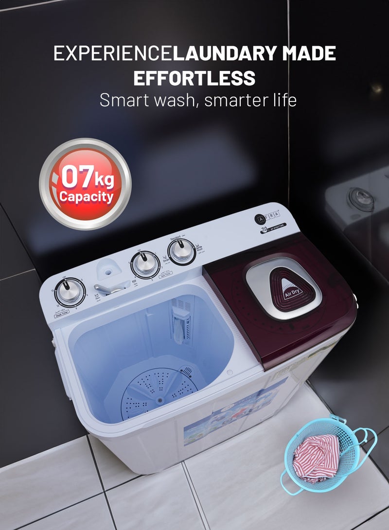 AFRA Twin Tub Washing Machine, AF-0702TTWR, 7kg Capacity, Air Dry Function, Pulsator, Collars and Cuff Washboard, White and Red, 1 Year Warranty 7 L 220 W AF-0702TTWR white - Image 5
