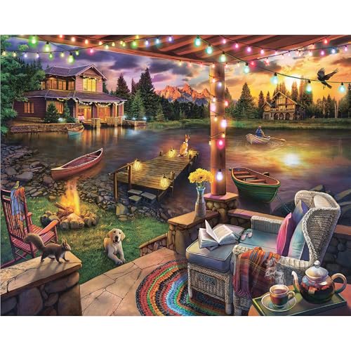 White Mountain 500 Piece Jigsaw Puzzle Lake Cabin Scenic Puzzles with Large Pieces Gift for Adults 18x24 Summer Evening - Image 1